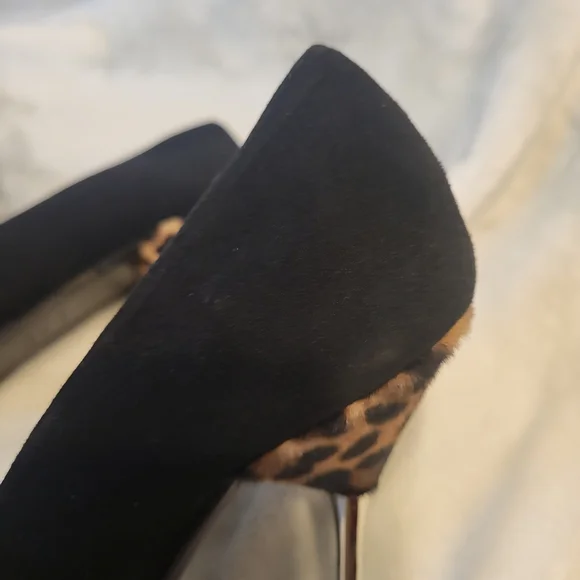 Stuart Weitzman Black Suede Heels with Calf Hair Leopard Detail - Picture 12 of 16